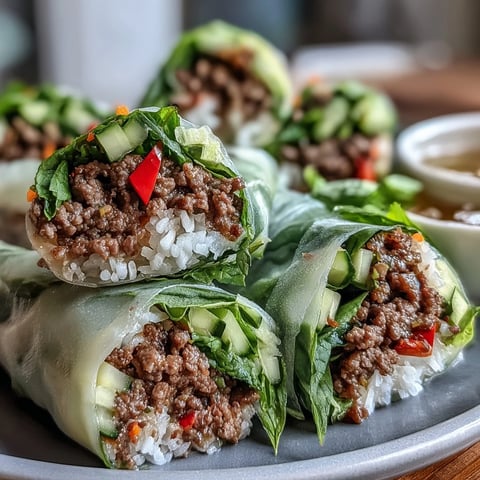 Freshly rolled Thai Basil Beef with crisp julienned cucumber and carrots, glistening with a savory-sweet sauce, served on a bamboo board.