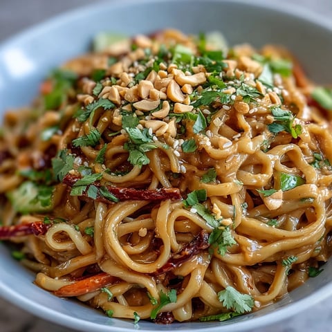 Asian Peanut Noodle Bowl garnished with chopped peanuts and fresh cilantro, served in a white bowl with lime wedges on the side.