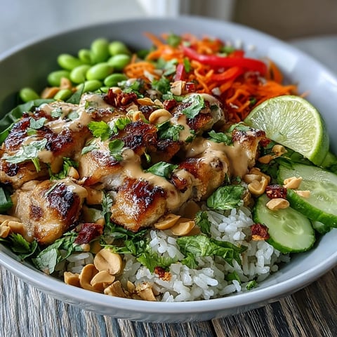 Golden-brown Thai Peanut Chicken Bowl with coconut rice, crunchy veggies, and chopped peanuts garnish.