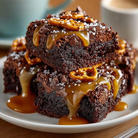 Homemade Salted Caramel Pretzel Brownies: a sweet, salty dessert masterpiece with gooey caramel swirls.