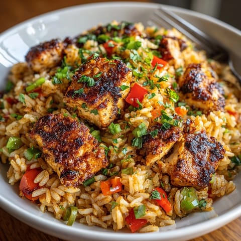 Golden One-Pot Cajun Chicken and Rice, steaming on the plate, garnished with parsley.