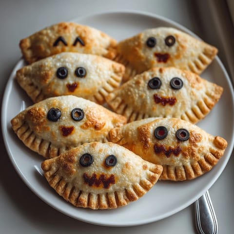 Homemade Ghost Calzone Pockets, flaky crust, gooey cheese, olive eyes detail in this recipe.