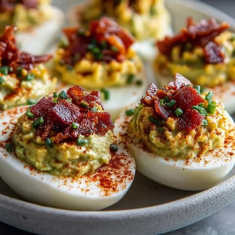 Close-up of vibrant green avocado filling in a Deviled Egg, topped with crisp bacon.