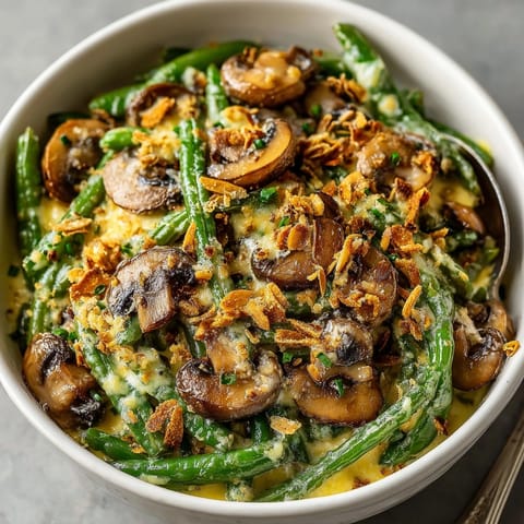 Warm and comforting Keto Green Bean Casserole, featuring tender beans in rich mushroom sauce.