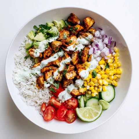 Savory Cajun Chicken Ranch Rice Bowls ready to eat&amp;mdash;colorful layers and creamy ranch.