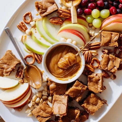 Deliciously chewy apple blondies served with caramel, grapes, and crunchy nuts on a platter.  