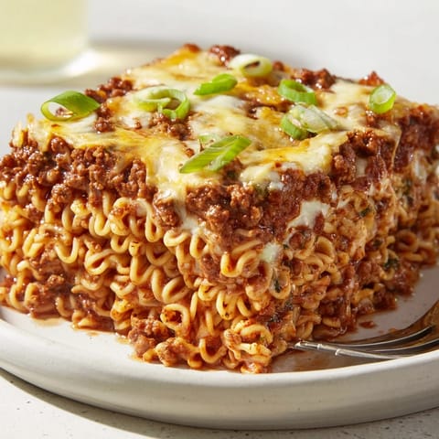 Mouthwatering Spicy Ramen Lasagna baked to perfection, showcasing golden cheese and rich meat sauce.  