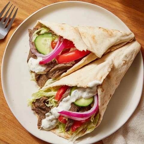 Savory Beef Shawarma Wraps enveloped in warm flatbread with tangy yogurt dressing.  