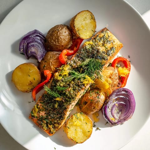 Vibrant image shows juicy Lemon Herb Salmon & Potato Sheet Pan, garnished with fresh lemon wedges.