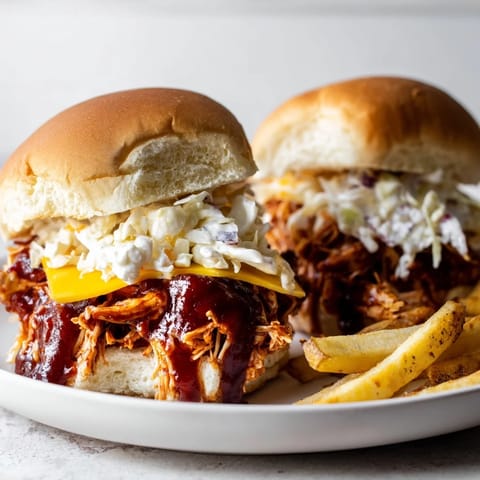 Mouthwatering close-up of BBQ Chicken Sliders with melty cheese and creamy coleslaw alongside fries.