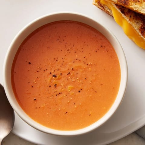 Melted cheddar cheese and crispy sourdough with 5-ingredient tomato soup offer perfect American comfort food.