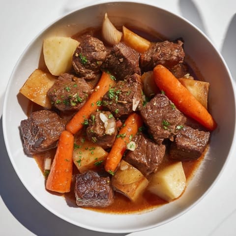 Close-up of hearty Instant Pot beef stew, featuring chunks of beef and comforting root vegetables.
