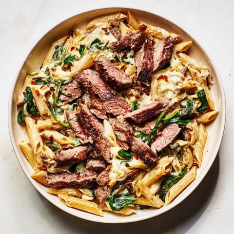 A close-up of a flavorful Steak & Spinach Artichoke Pasta Bake, showcasing tender steak pieces and creamy sauce, perfect for dinner.