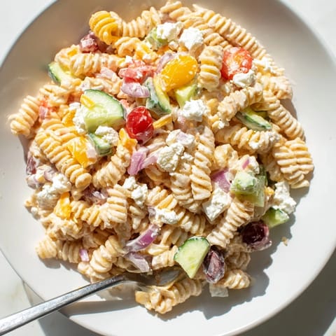 Cool, cooked pasta coated in Greek yogurt dressing with a festive Greek Yogurt Million Dollar Christmas Pasta Salad.