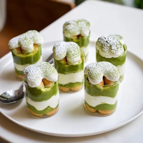 These Matcha Mascarpone Tiramisu Snow Cups feature beautiful green matcha powder dusting on top of creamy mascarpone.