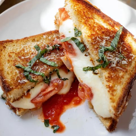 Golden, crispy Air Fryer Pizza Margherita Grilled Cheese oozing with cheese and tomato slices.