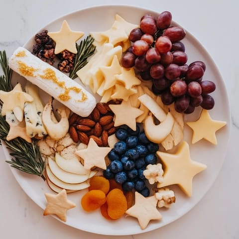 A beautiful Moon & Stars Night Board brimming with cheeses, fruits, and star-shaped crackers, ready to serve.