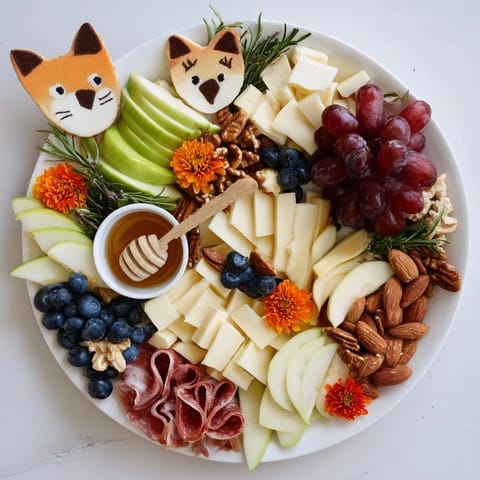 Cozy Forest Animal Board: a beautiful grazing arrangement with cheeses, fruits, and animal-shaped treats.