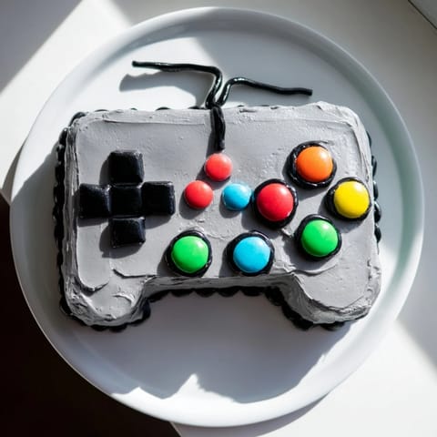 This delicious Pixel Perfect Video Game Controller Board cake features a gray base and colorful buttercream details for gamers.