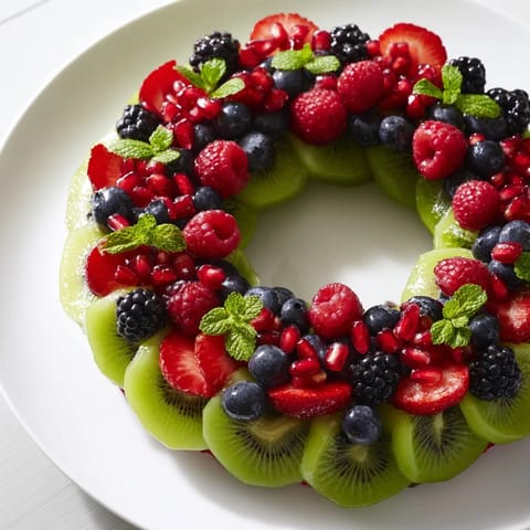 Fresh Kiwi and berry holiday wreath, featuring bright red strawberries nestled among the green kiwi and berries.