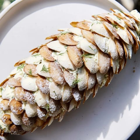 This Snowy Pinecone Centerpiece boasts a creamy cheese base covered by almond slices, dusted with snowy sugar.