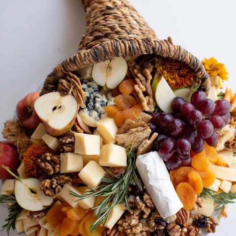 Vibrant image of an Autumn Harvest Horn of Plenty appetizer featuring cheese, crackers, and inviting garnishes.