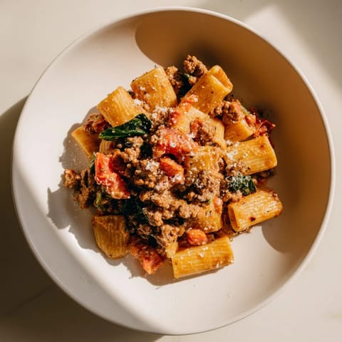 A close-up of a hearty bowl of One-Pot Italian Sausage Tomato Pasta, garnished with Parmesan cheese.