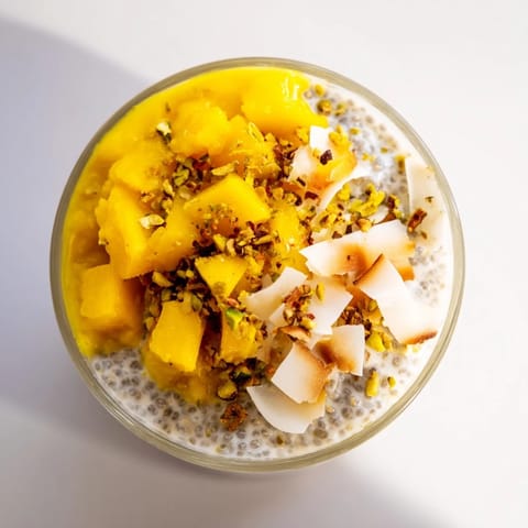 A vibrant bowl of Mango Coconut Chia Pudding, perfect for a refreshing vegan dessert.