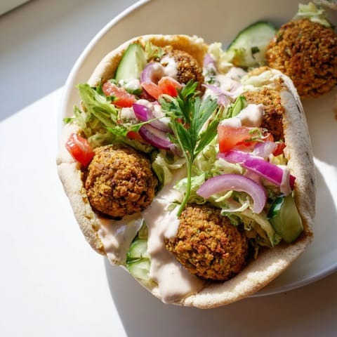 A close-up of a delicious falafel pita pocket ready to enjoy for a satisfying, vegetarian lunch.