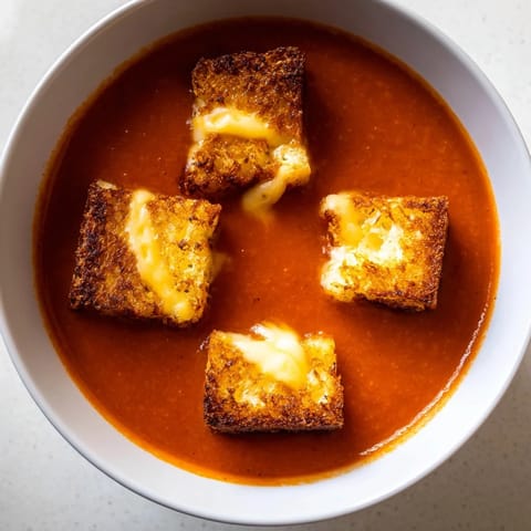 A rustic bowl of vibrant red tomato soup garnished with crispy grilled cheese croutons for dipping.  