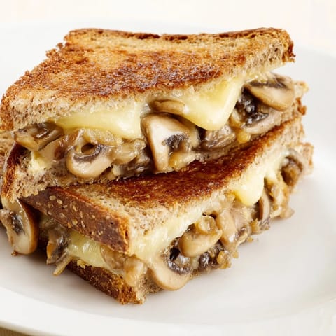 Mushroom Swiss Grilled Cheese resting on a wooden board, served warm alongside a small cup of creamy tomato soup.  