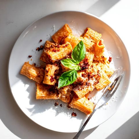 Spicy Rigatoni Pasta served in a white bowl with extra Parmesan and basil, steam rising from the creamy, mildly spicy tomato sauce.  