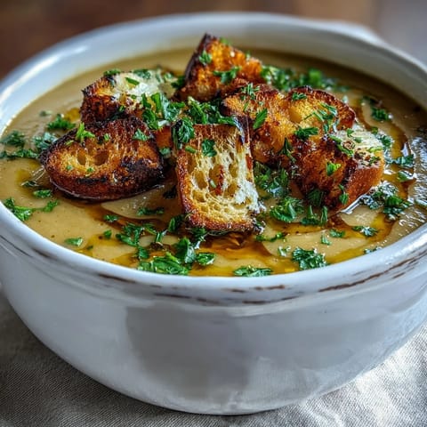 Creamy Roasted Garlic Soup garnished with fresh parsley and served in a rustic bowl, perfect for a cozy, comforting meal.