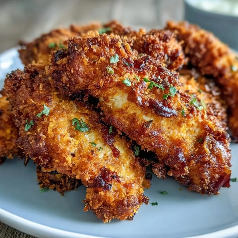 Golden-brown Crispy Turmeric Chicken Tenders on a platter with fresh herbs, ready for a quick family dinner.