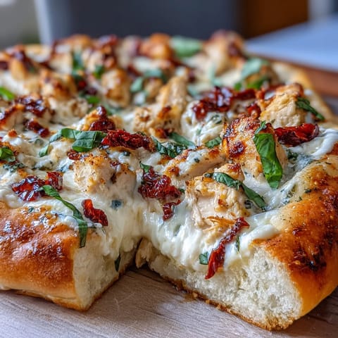 Sliced Marry Me Chicken Pizza on a wooden board, melted cheese and herbs ready to serve.