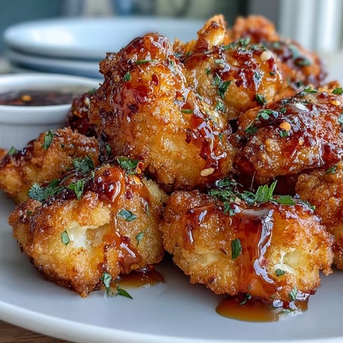 Golden crunchy hot honey cauliflower florets served as a party appetizer