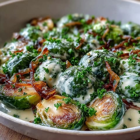 Golden-brown Brussels sprouts coated in a creamy cream cheese and Dijon mustard sauce, garnished with fresh parsley and served warm.
