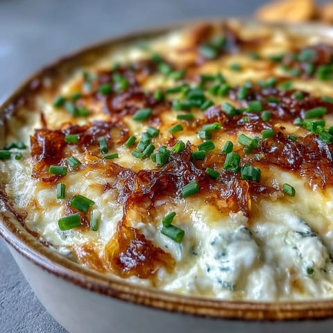 Tangy sour cream and caramelized onions swirl with smoky Gouda in this creamy party dip.  