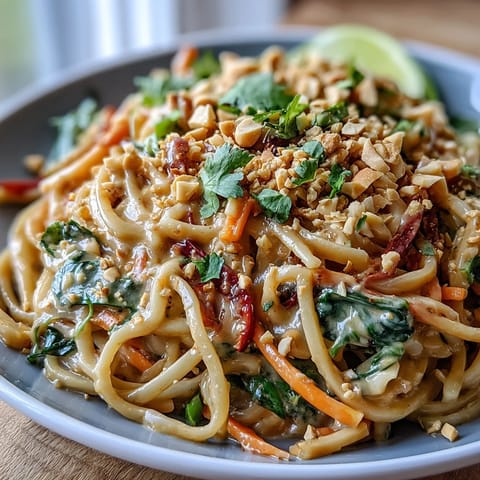 A close-up view of the Asian Peanut Noodle Bowl featuring colorful julienned carrots, red cabbage, and bell peppers tossed in creamy sauce.