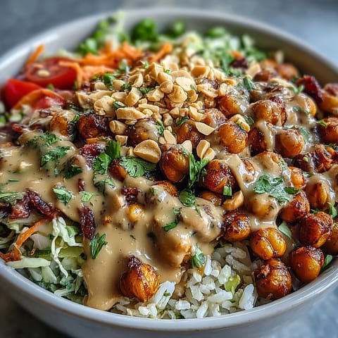 A generous drizzle of smooth peanut sauce coats roasted chickpeas, edamame, and fresh cilantro in a satisfying, protein-packed Peanut Chickpea Protein Bowl.