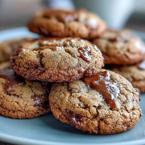 Freshly baked Hojicha and Brown Butter Cookies on a wire rack with a glass of milk.