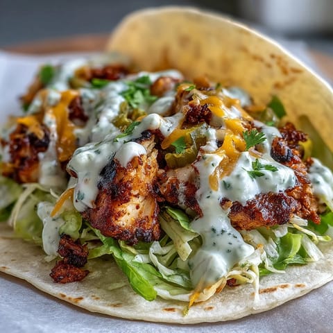 Golden, crispy cheese lace crust on a warm tortilla topped with ranch-seasoned chicken and shredded lettuce for texture. 