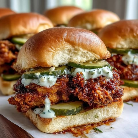 Golden-fried Nashville Hot Chicken Sliders sit on a plate with dill pickle aioli and crisp pickle slices.