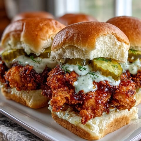 Nashville Hot Chicken Sliders are layered with tangy dill pickle aioli and crunchy pickles for Southern flavor.