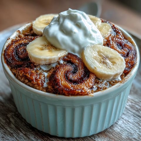 Golden Cinnamon Swirl Protein Banana Baked Oats served warm in a ramekin, ready to eat with a spoonful of Greek yogurt.