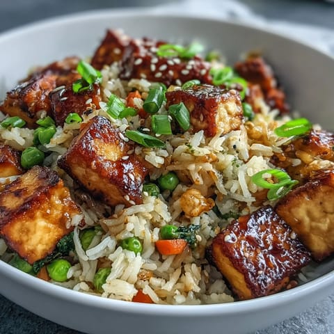 Crispy Sesame Tofu Fried Rice piled high in a bowl, garnished with sesame seeds and fresh scallions.