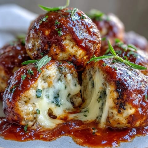Golden-brown Baked Spicy Chicken Parm Meatballs simmer in zesty marinara sauce, bubbling with melted mozzarella and fresh parsley garnish.