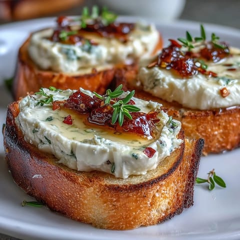 Golden toasted baguette slices topped with creamy whipped goat cheese and a glistening hot honey drizzle.
