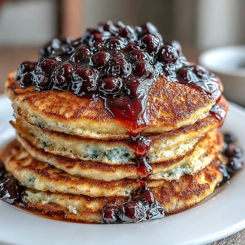 A close-up of a warm High-Protein Greek Yogurt Pancake with Blueberry Compote, topped with fresh berries and a dollop of yogurt.