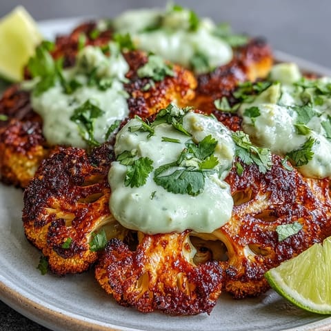 Golden-brown Keto Chili Lime Cauliflower Steaks are roasted to perfection and topped with a vibrant green avocado crema on a white plate.